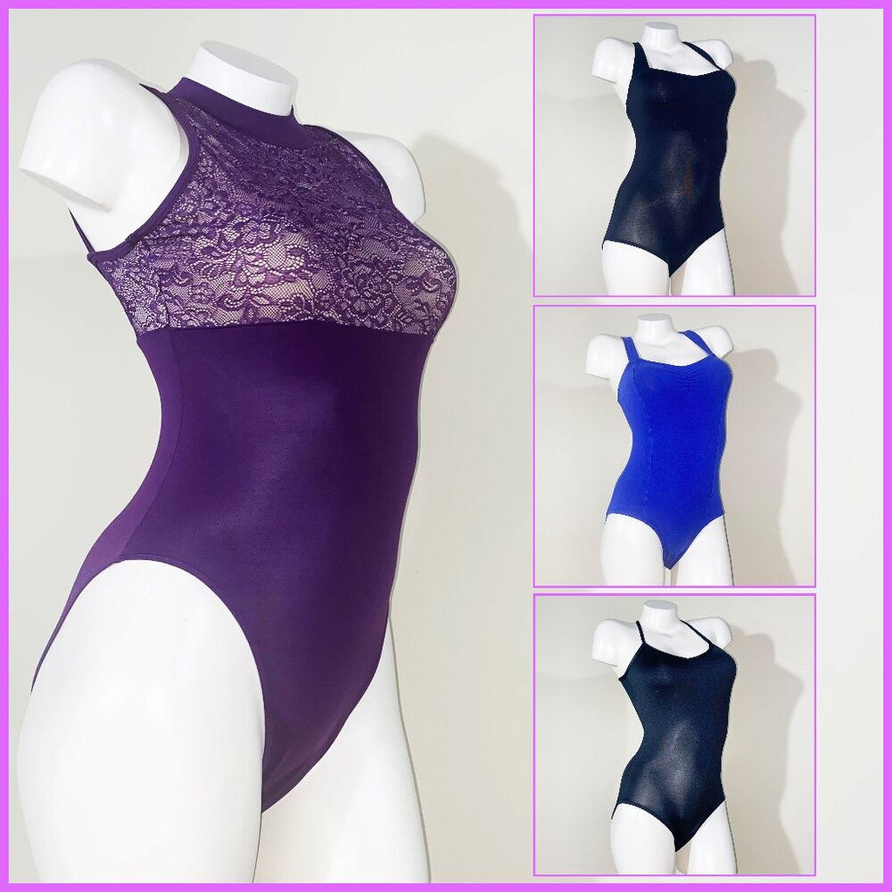 4 PRE-LOVED SMALL BALLET / DANCE LEOTARDS - 1 PURPLE, 1 BLUE, & 2 BLACK